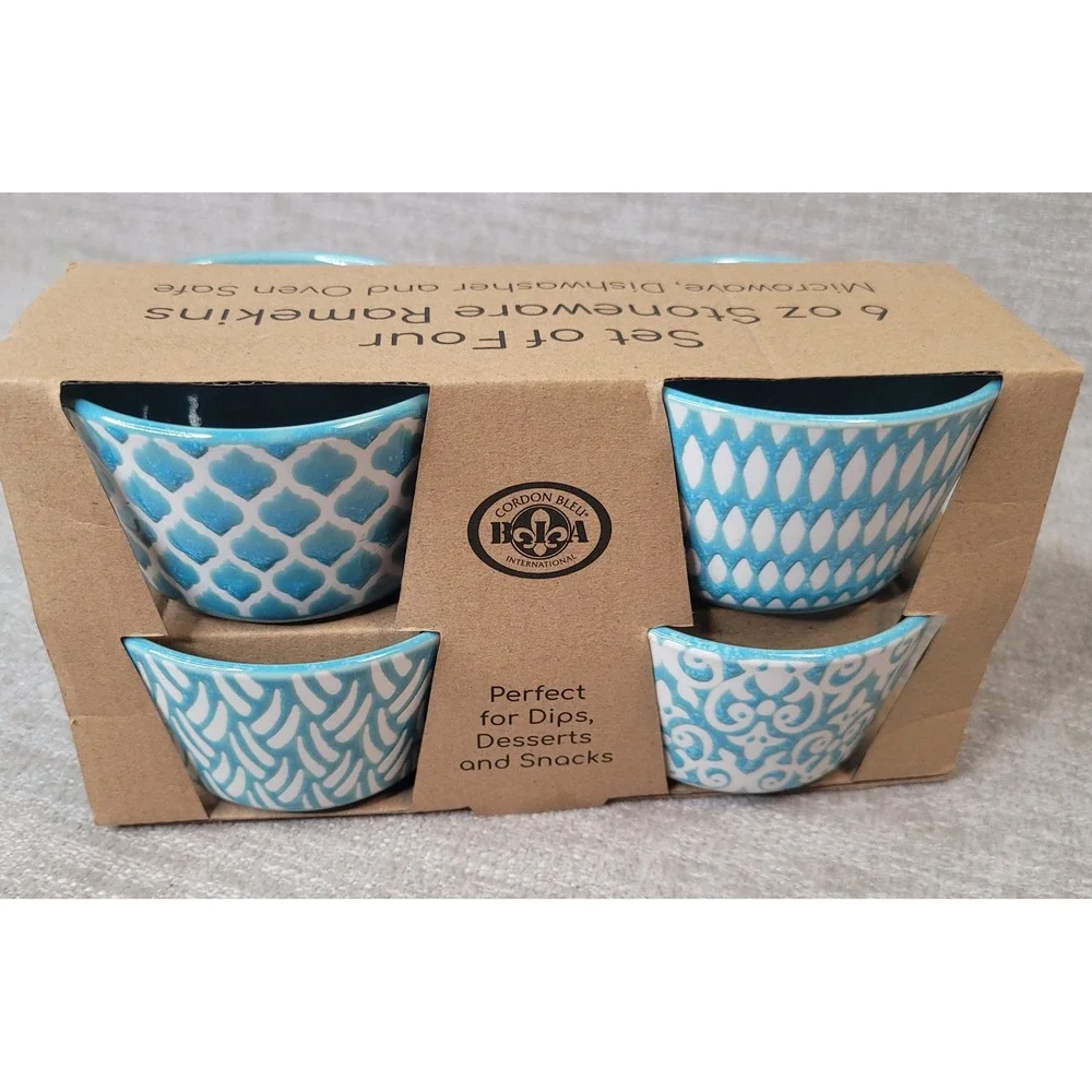 BIA Cordon Bleu 6 oz Stoneware Ramekins Set of 4 Blue White Patterned Bowls NEW
